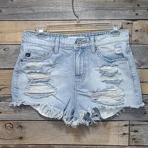 Kancan High Rise Rainbow Distressed Blue Jean Shorts Size 5/26